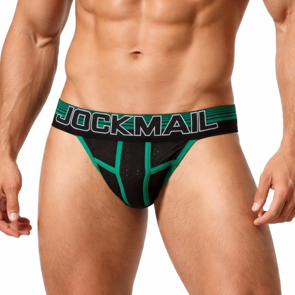 Jockmail XL (32-34) Rugby Jockstrap Black Green Mesh Athletic Supporter JM224